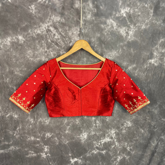 Chaatak Laal Red Coloured Art Row Silk Ready to Wear Blouse - kapda Tailor 