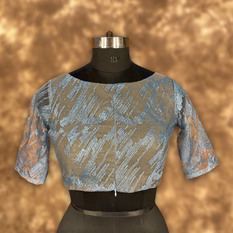 Rubbed Fine Art Sky Gry Coloured Net With Embroidrey Ready to Wear Blouse - kapda Tailor 
