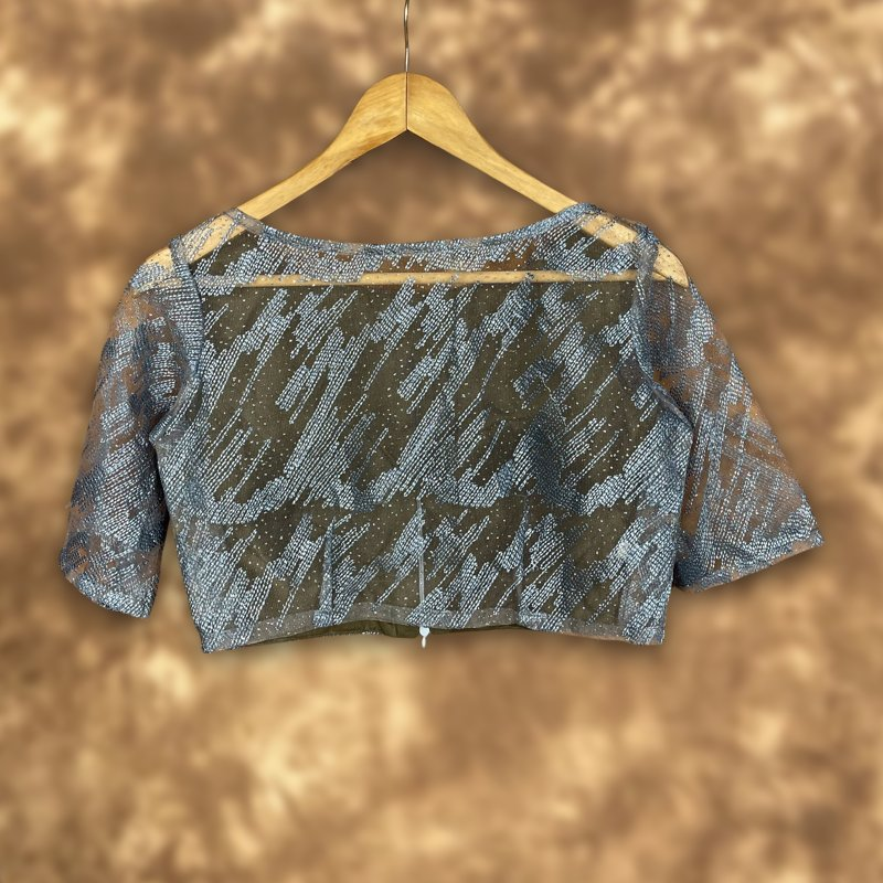 Rubbed Fine Art Sky Gry Coloured Net With Embroidrey Ready to Wear Blouse - kapda Tailor 