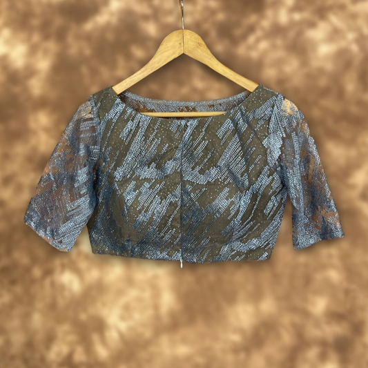 Rubbed Fine Art Sky Gry Coloured Net With Embroidrey Ready to Wear Blouse - kapda Tailor 