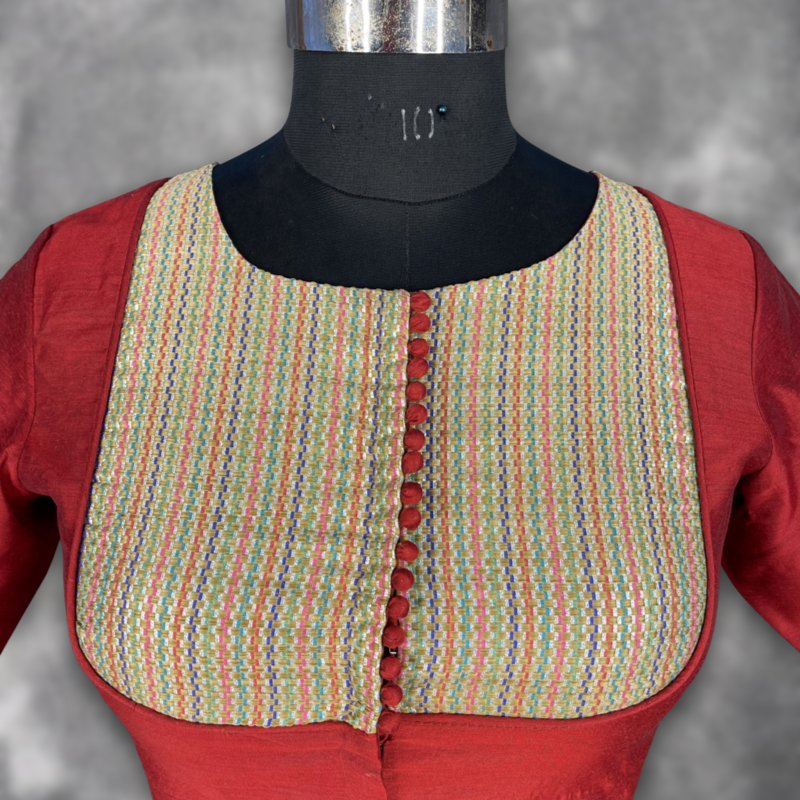 Tradition Reloded Red/Gold Coloured Chanderi Silk / Brocket Ready to Wear Blouse - kapda Tailor 
