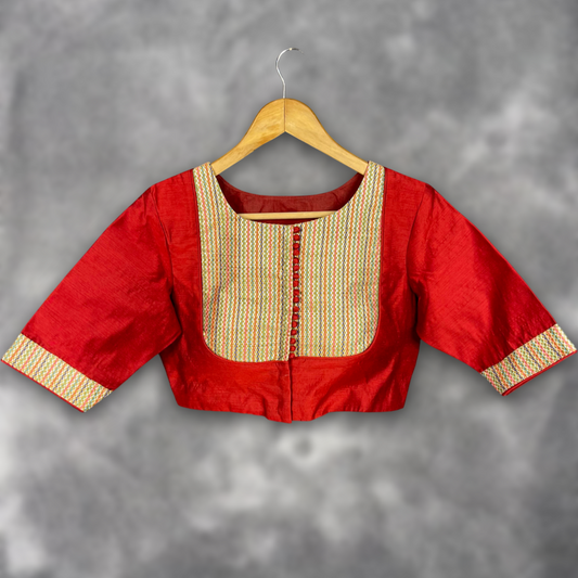 Tradition Reloded Red/Gold Coloured Chanderi Silk / Brocket Ready to Wear Blouse - kapda Tailor 