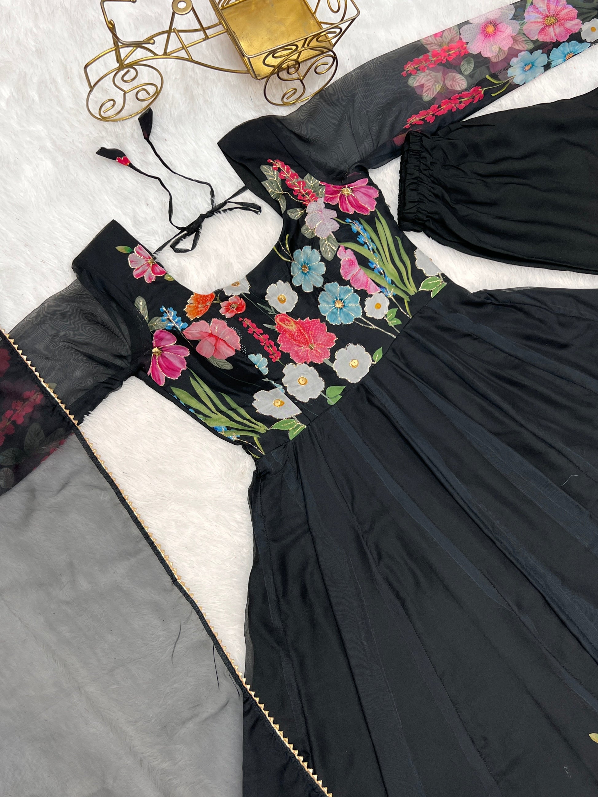 Lorenvalley Fashion Black Soft Organza Silk With Floral Print Fully Flared Anarkali Pant With Dupatta Set - Black 