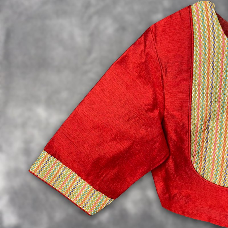 Tradition Reloded Red/Gold Coloured Chanderi Silk / Brocket Ready to Wear Blouse - kapda Tailor 