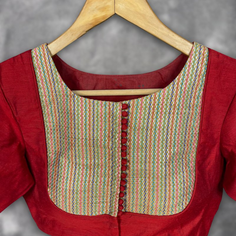 Tradition Reloded Red/Gold Coloured Chanderi Silk / Brocket Ready to Wear Blouse - kapda Tailor 
