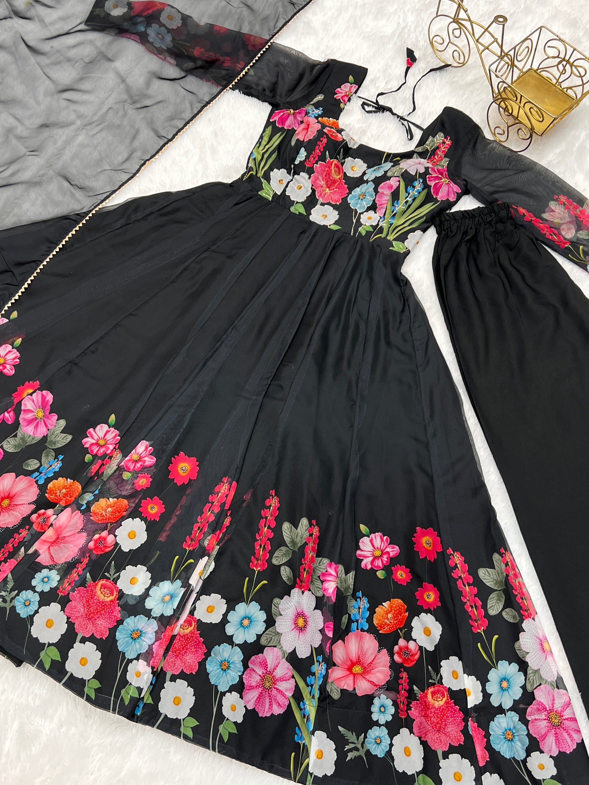 Lorenvalley Fashion Black Soft Organza Silk With Floral Print Fully Flared Anarkali Pant With Dupatta Set - Black 