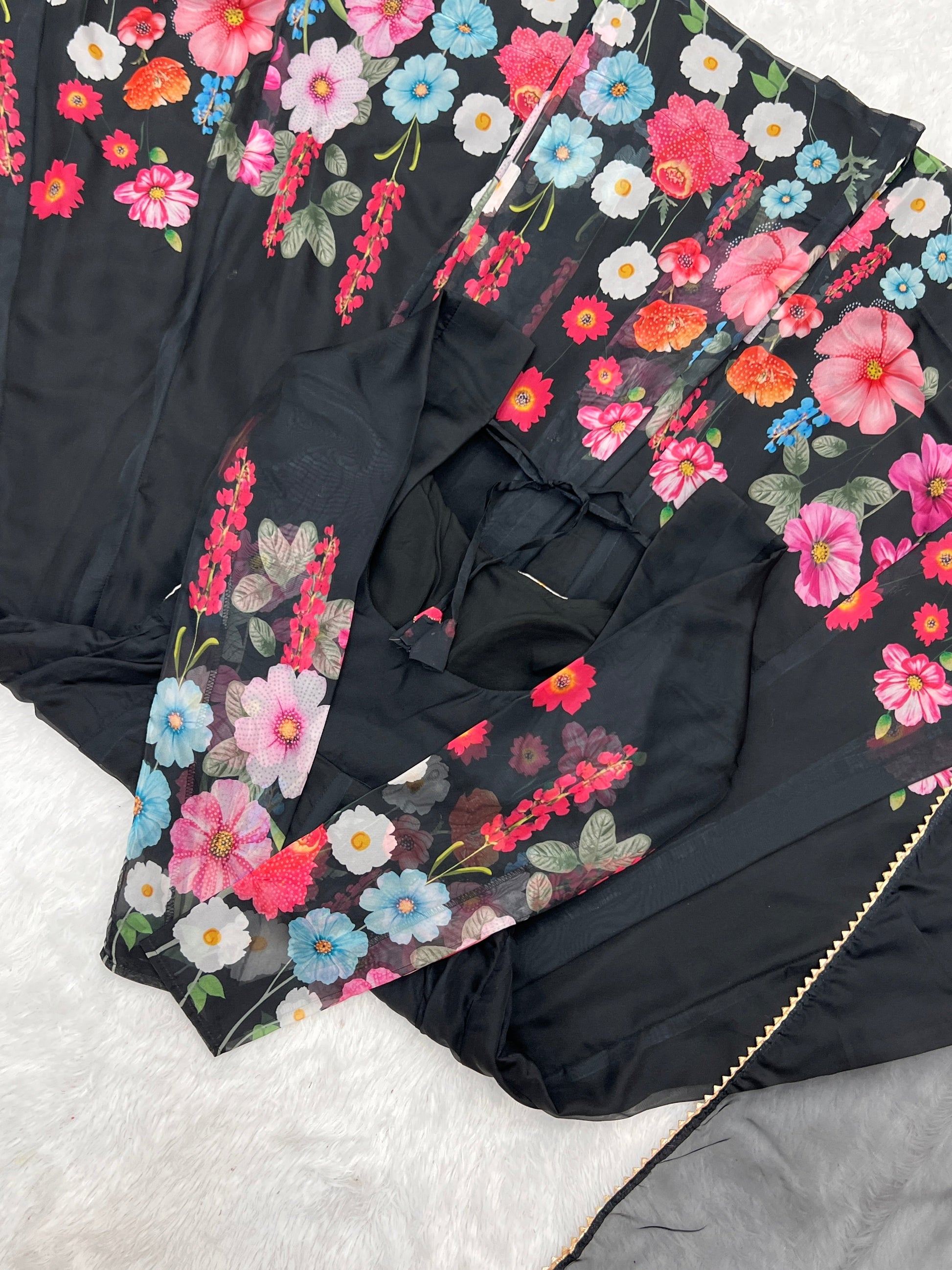 Lorenvalley Fashion Black Soft Organza Silk With Floral Print Fully Flared Anarkali Pant With Dupatta Set - Black 
