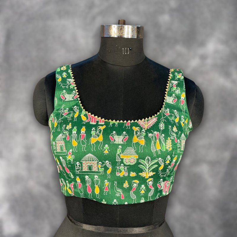 Dreamy Warli Green Coloured Art Row Silk Ready to Wear Blouse - kapda Tailor 