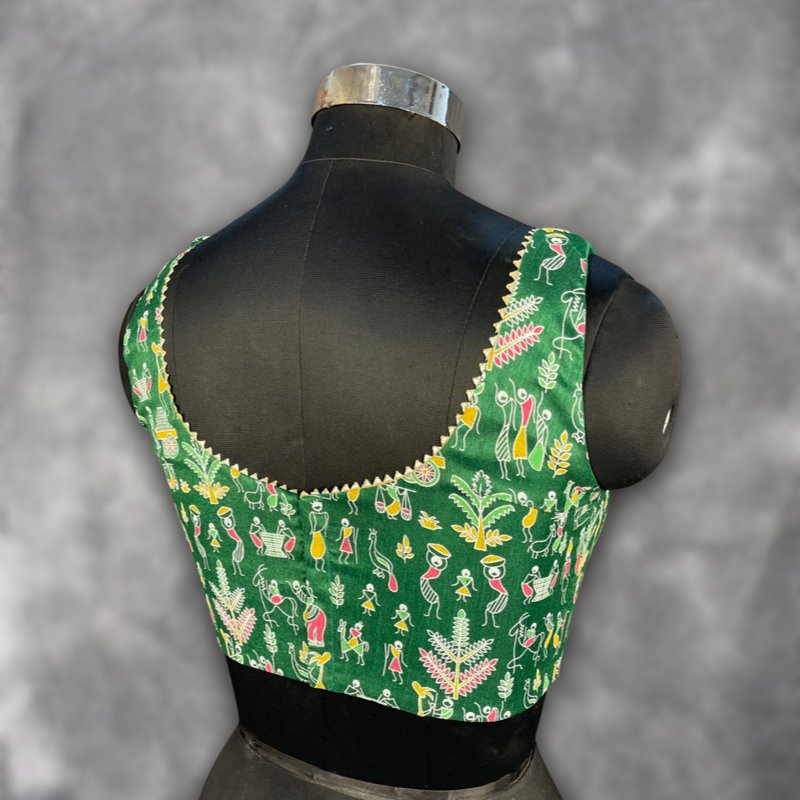 Dreamy Warli Green Coloured Art Row Silk Ready to Wear Blouse - kapda Tailor 
