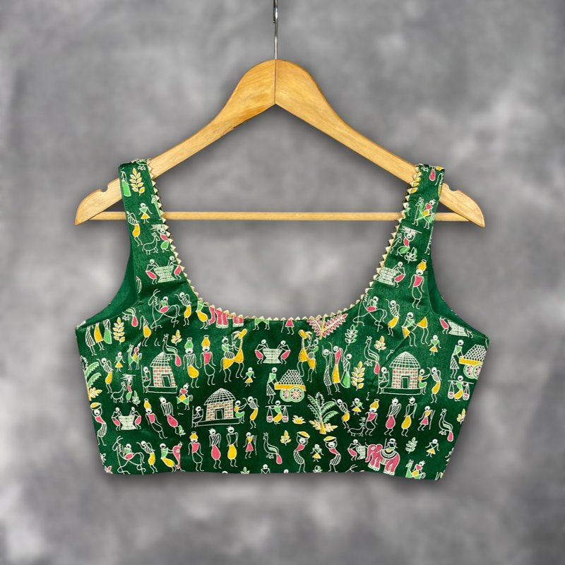 Dreamy Warli Green Coloured Art Row Silk Ready to Wear Blouse - kapda Tailor 