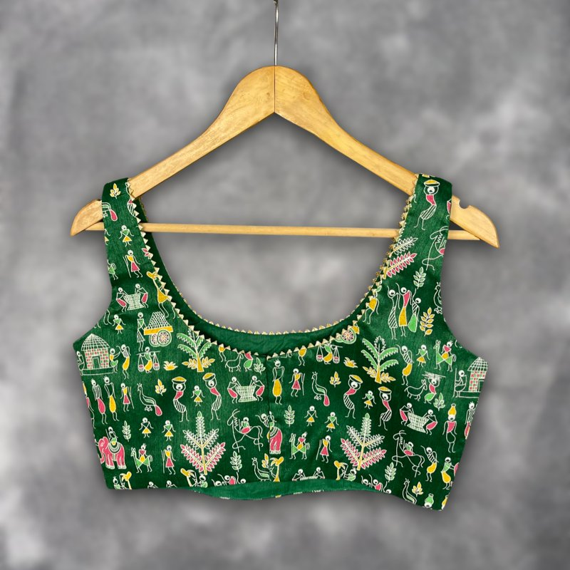 Dreamy Warli Green Coloured Art Row Silk Ready to Wear Blouse - kapda Tailor 