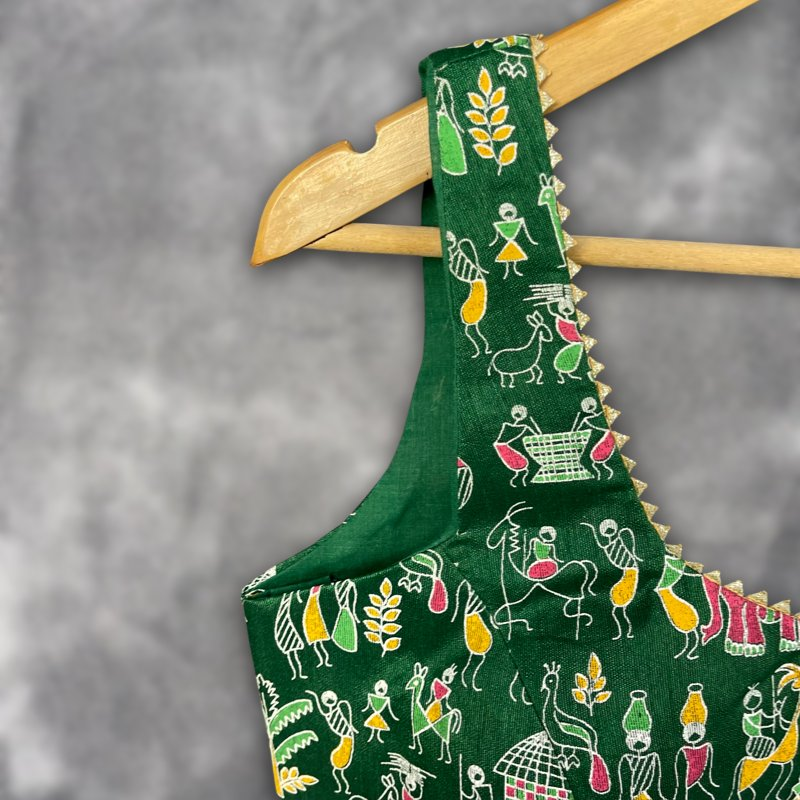 Dreamy Warli Green Coloured Art Row Silk Ready to Wear Blouse - kapda Tailor 