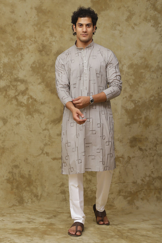 Bluesaanchi Men's Cotton Zari Embroidered Kurta Set - Grey | Swadesiicart