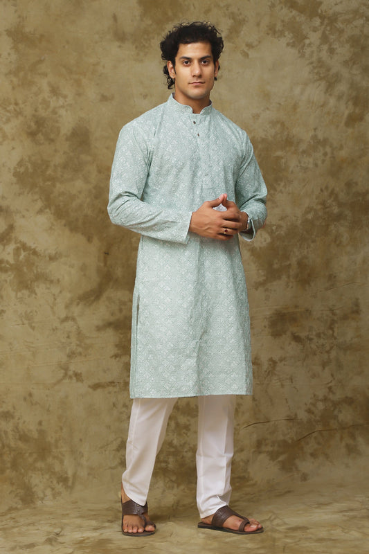 Bluesaanchi Men's Chikankari Embroidered Kurta Set - Light Green 