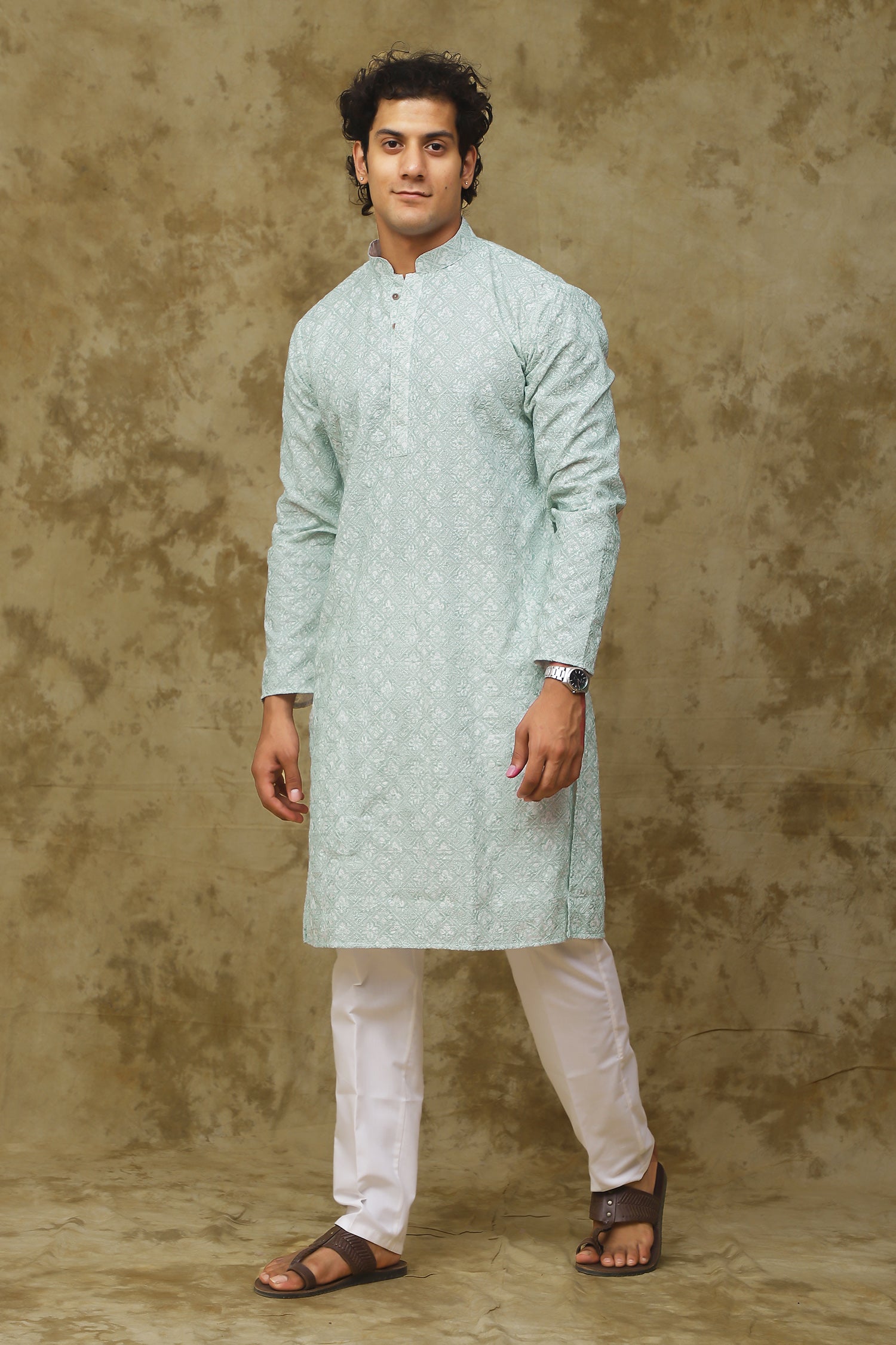 Bluesaanchi Men's Chikankari Embroidered Kurta Set - Light Green 