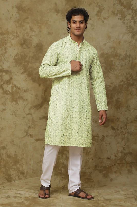 Bluesaanchi Men's Chikankari Embroidered Kurta Set - Lemon Yellow 