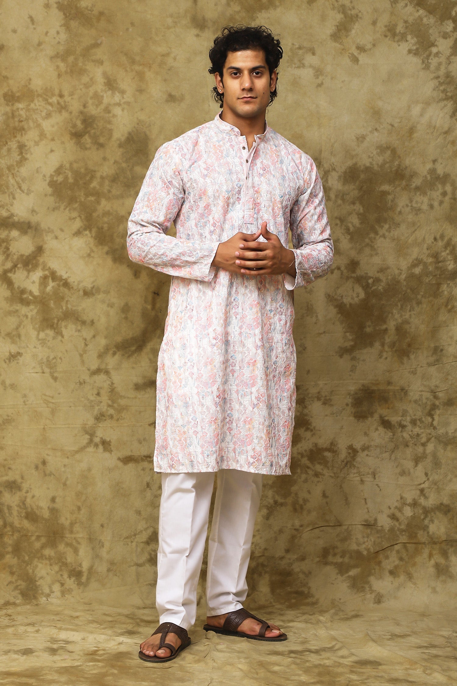 Bluesaanchi Men's Chikankari Embroidered Kurta Set - White & Pink 