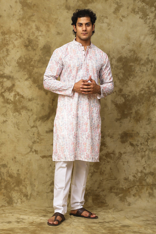 Bluesaanchi Men's Chikankari Embroidered Kurta Set - White & Pink 