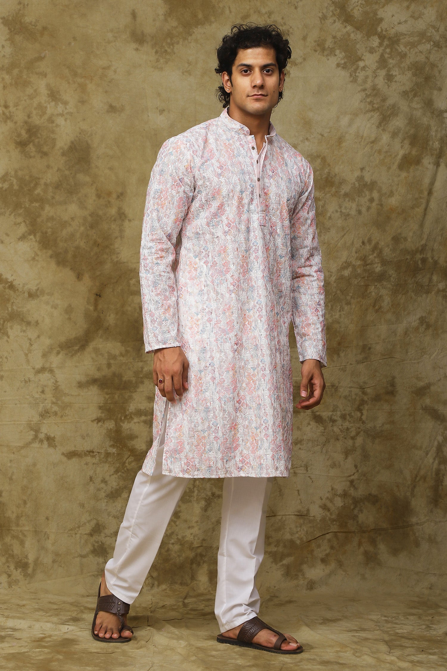 Bluesaanchi Men's Chikankari Embroidered Kurta Set - White & Pink 