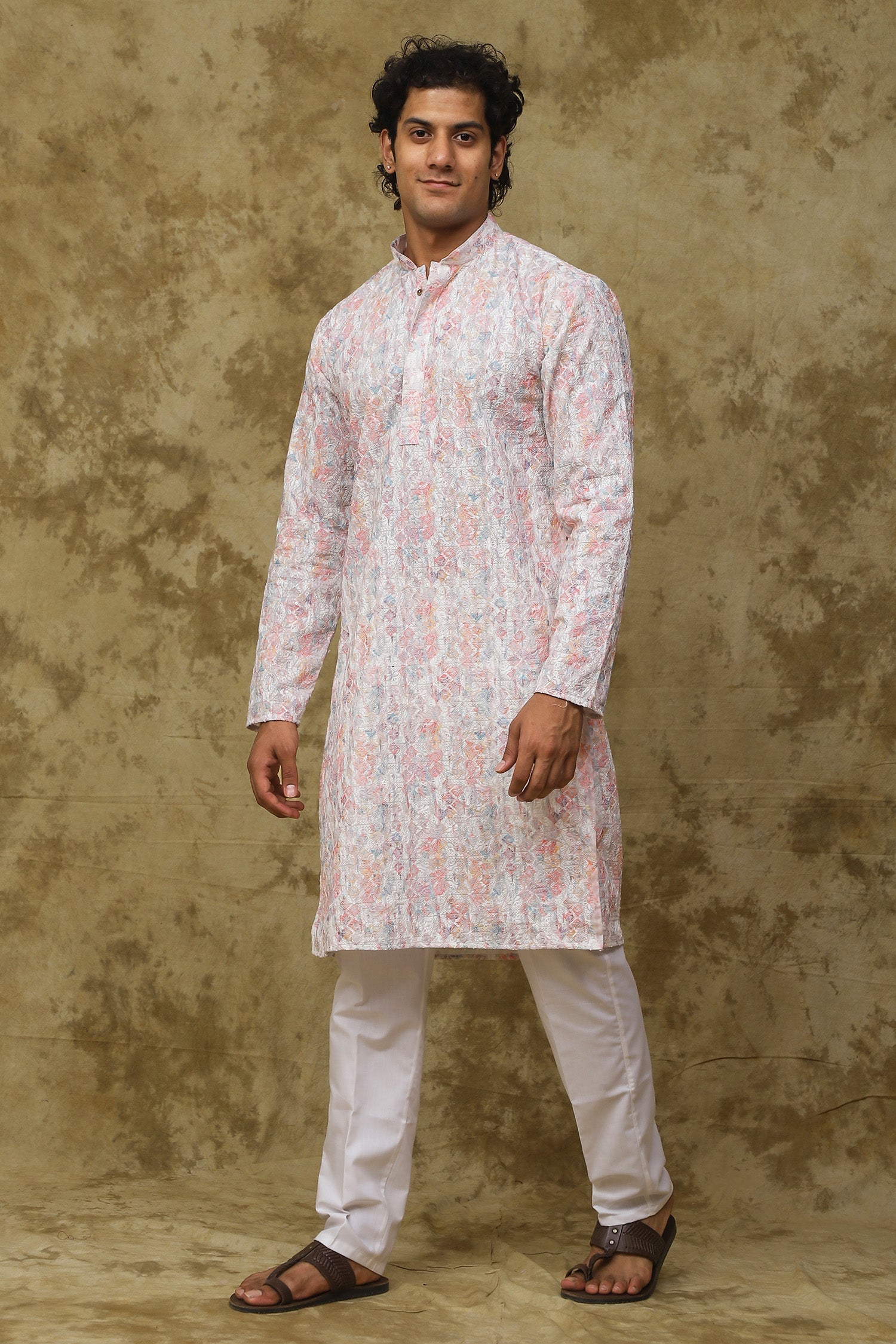 Bluesaanchi Men's Chikankari Embroidered Kurta Set - White & Pink 