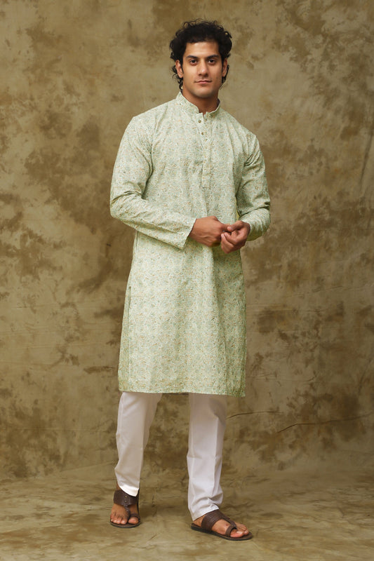 Bluesaanchi Men's Chikankari Embroidered Kurta Set - Green White 