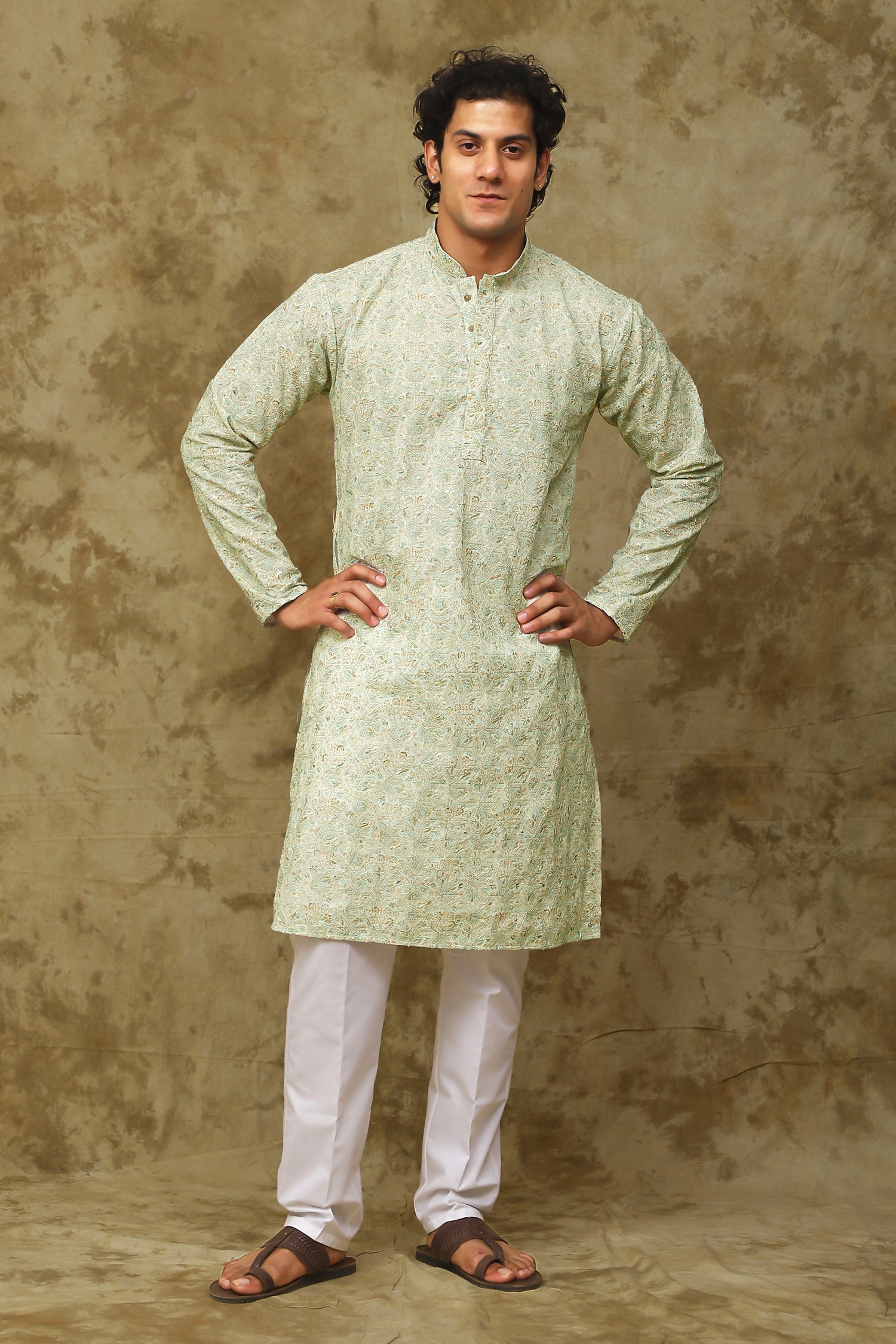 Bluesaanchi Men's Chikankari Embroidered Kurta Set - Green White 