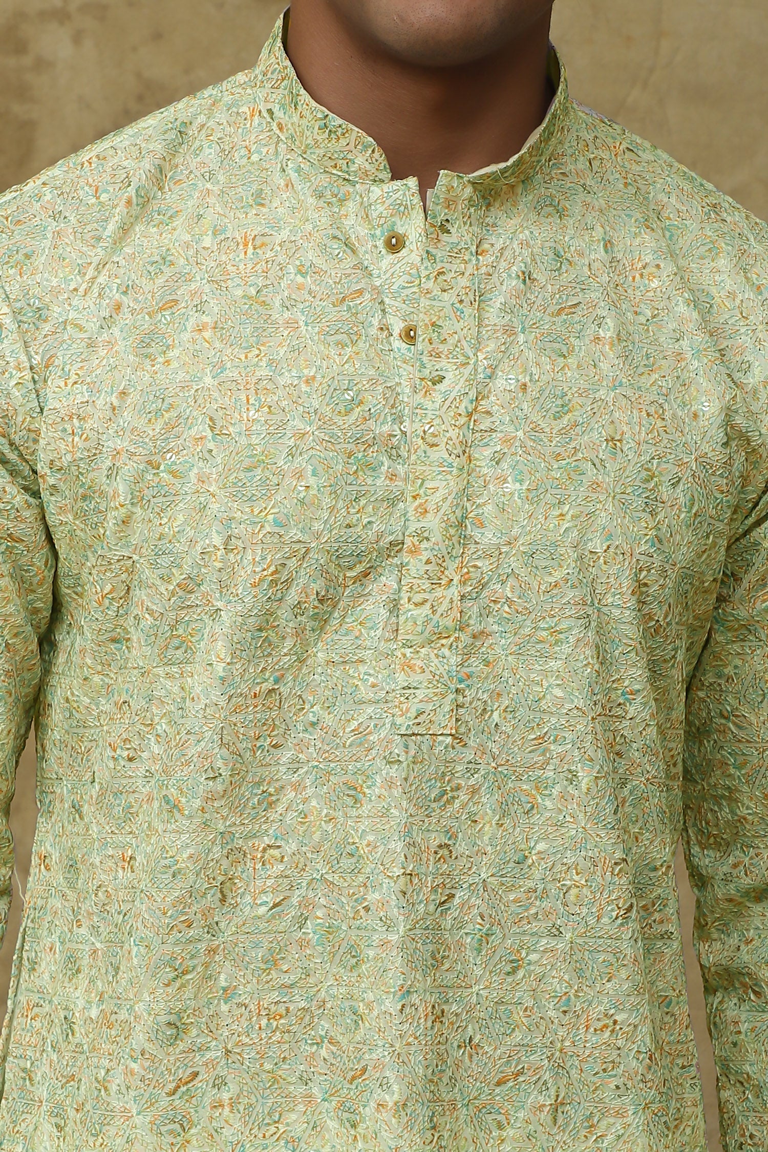 Bluesaanchi Men's Chikankari Embroidered Kurta Set - Green White 