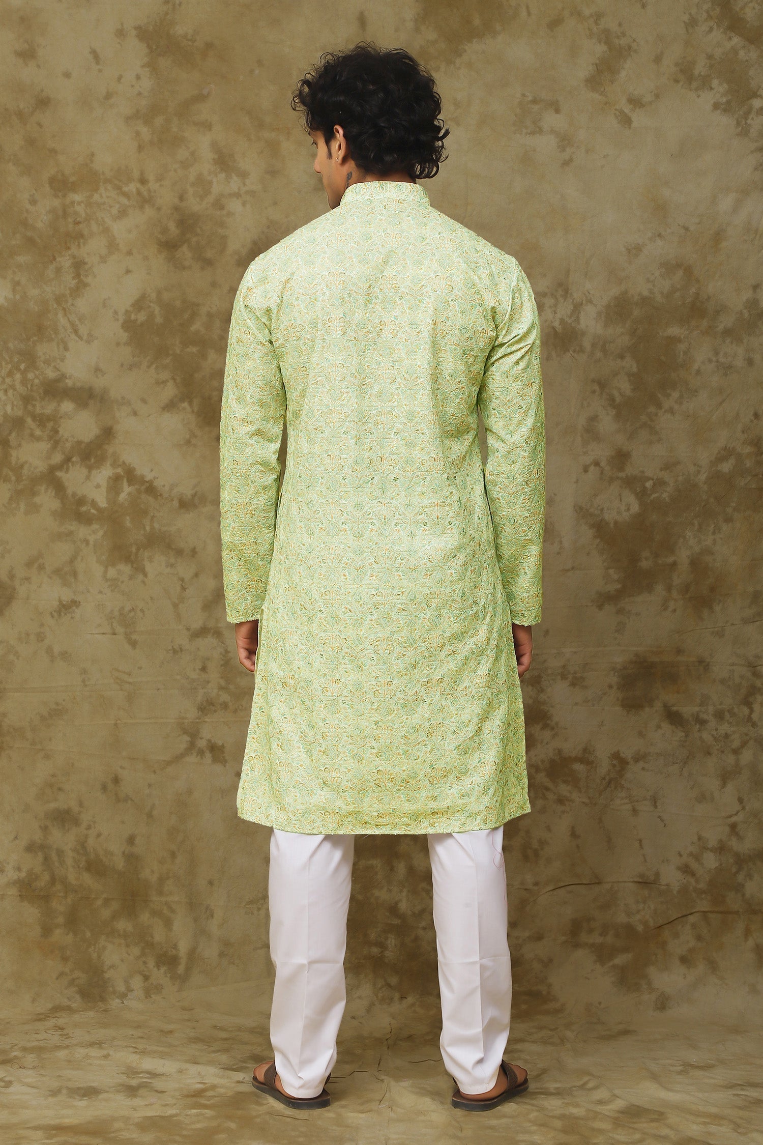 Bluesaanchi Men's Chikankari Embroidered Kurta Set - Green White 