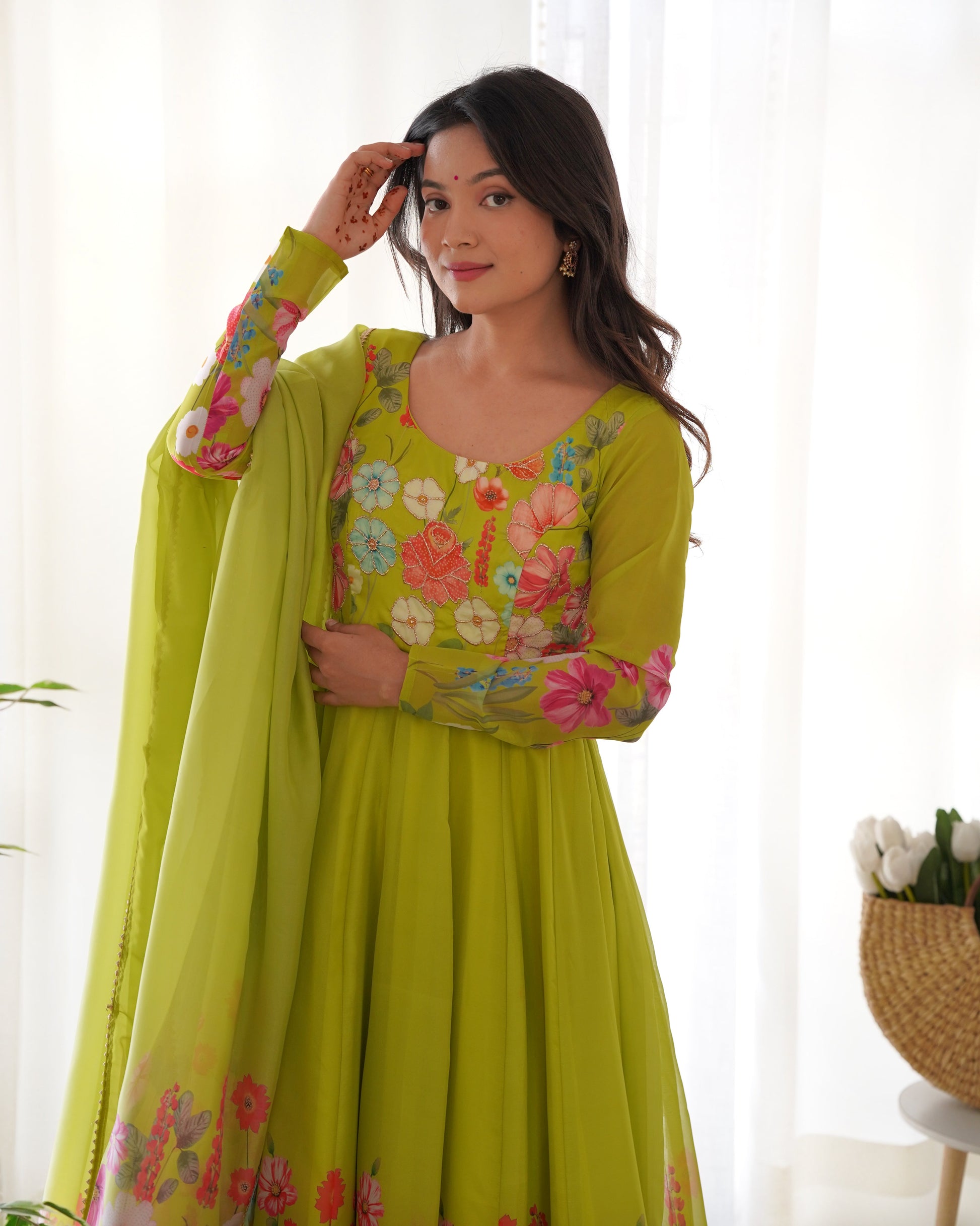 Lorenvalley Fashion Parrot Soft Organza Silk With Floral Print Fully Flared Anarkali Pant With Dupatta Set - Green 