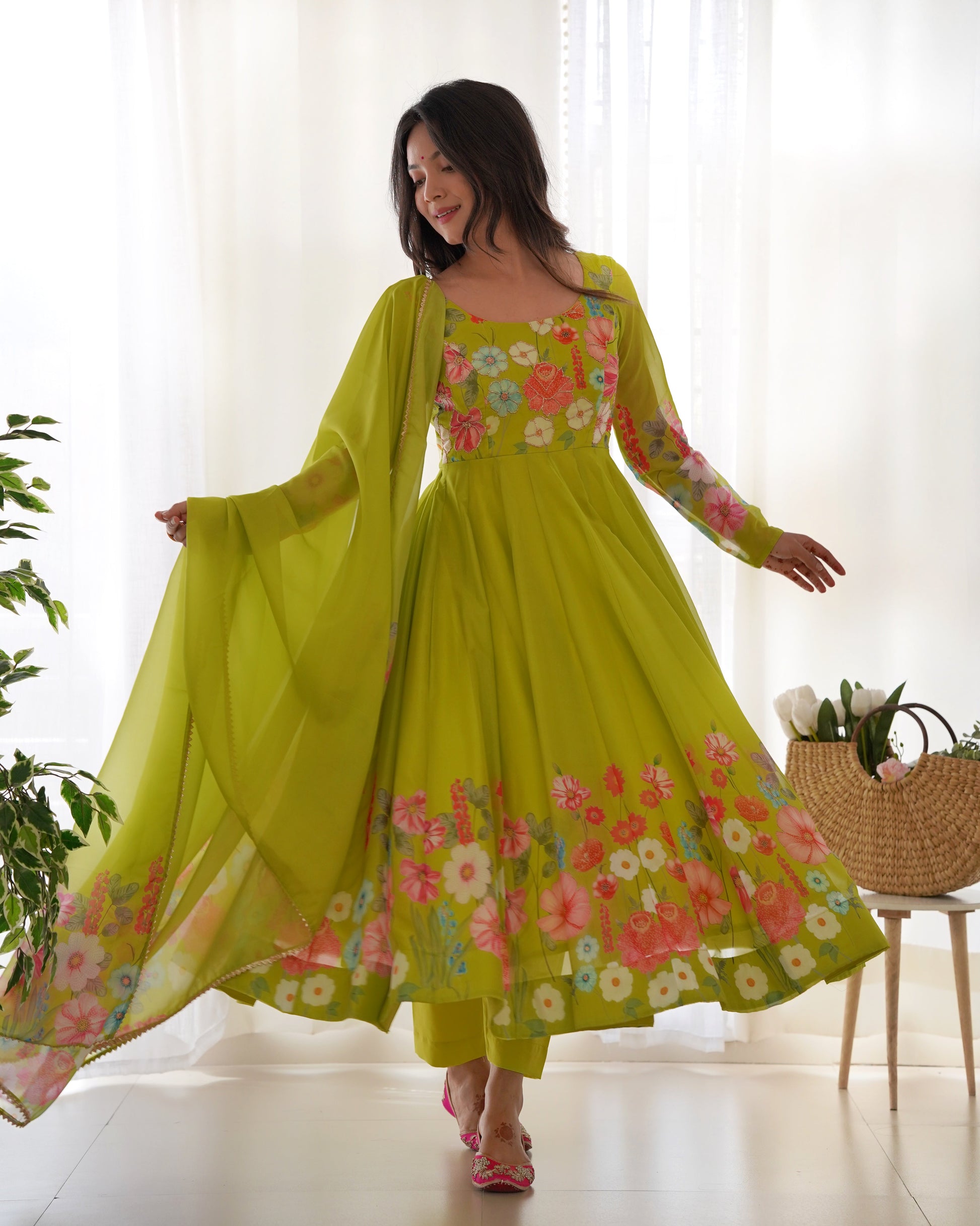 Lorenvalley Fashion Parrot Soft Organza Silk With Floral Print Fully Flared Anarkali Pant With Dupatta Set - Green 