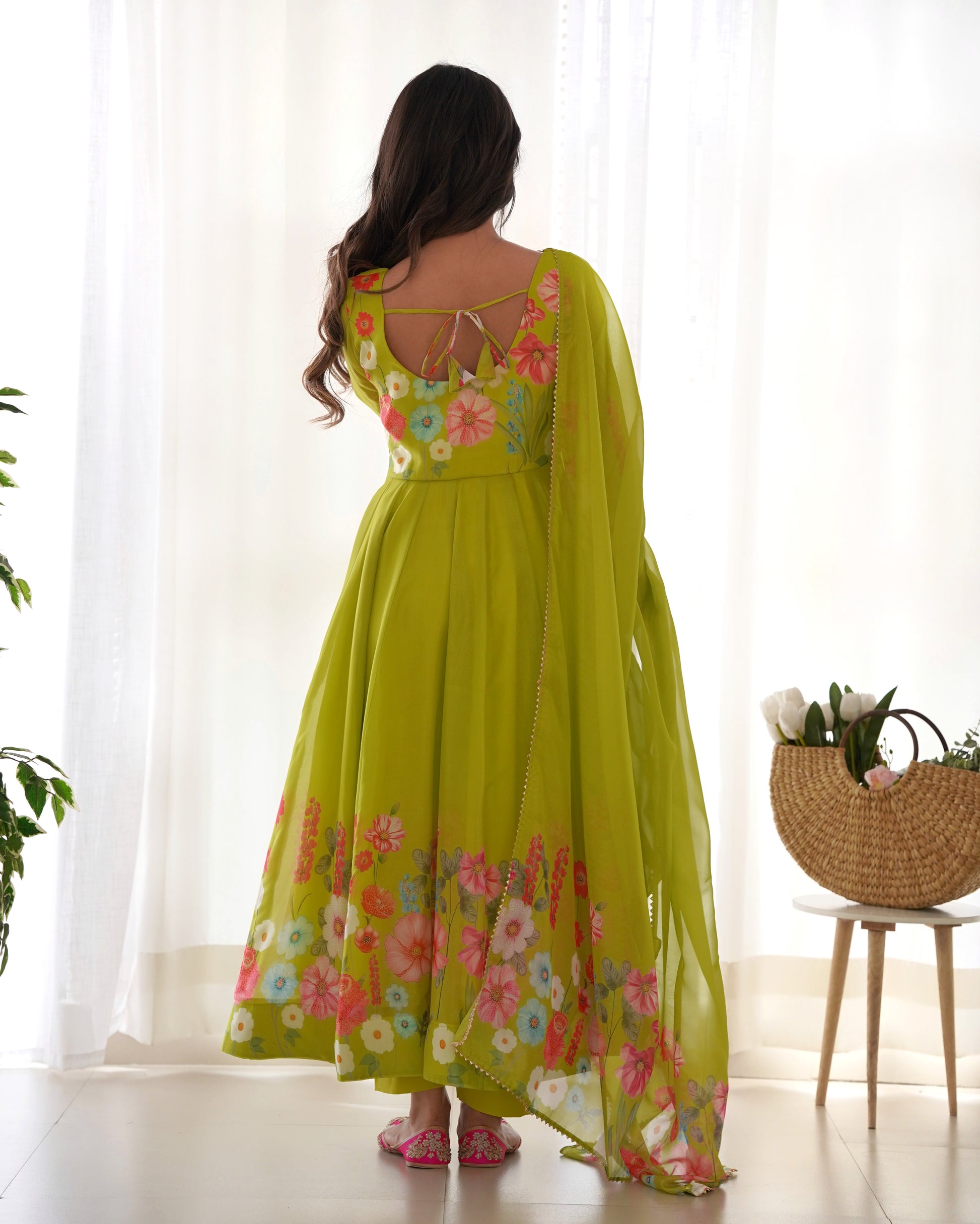 Lorenvalley Fashion Parrot Soft Organza Silk With Floral Print Fully Flared Anarkali Pant With Dupatta Set - Green 