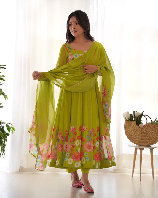 Lorenvalley Fashion Parrot Soft Organza Silk With Floral Print Fully Flared Anarkali Pant With Dupatta Set - Green 
