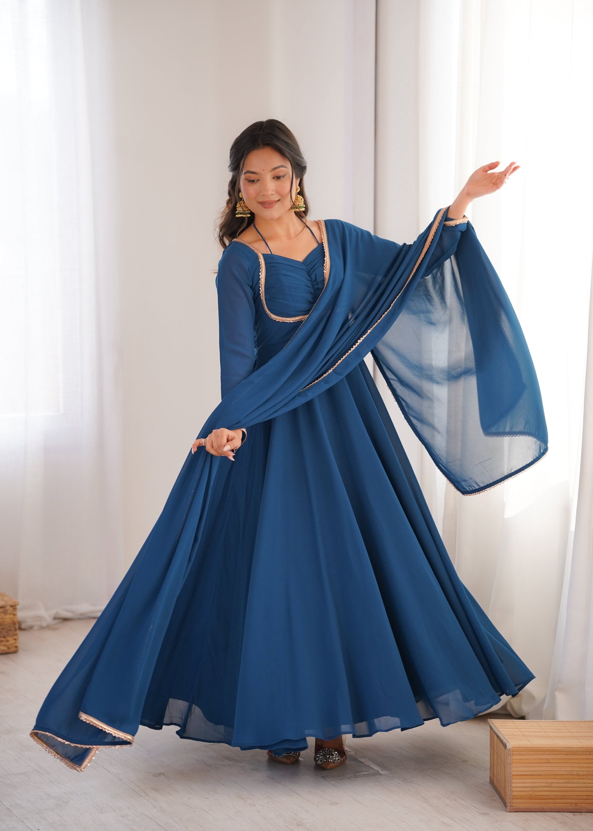Evanik Teal Georgette Plain Fully Flair Gown Dupatta