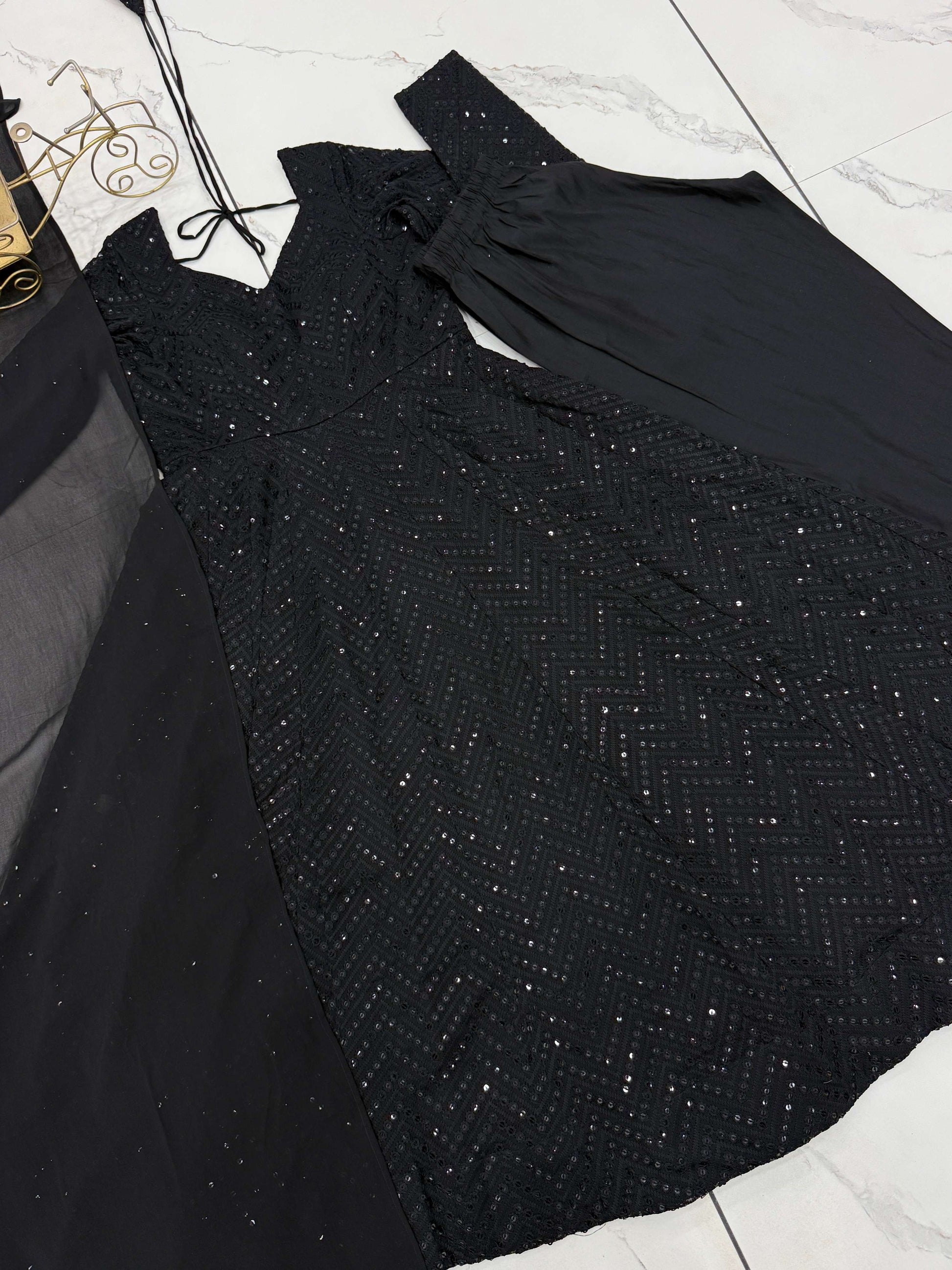 Evanik Black Heavy Faux Georgette With Lucknowi Work Anarkali Suit