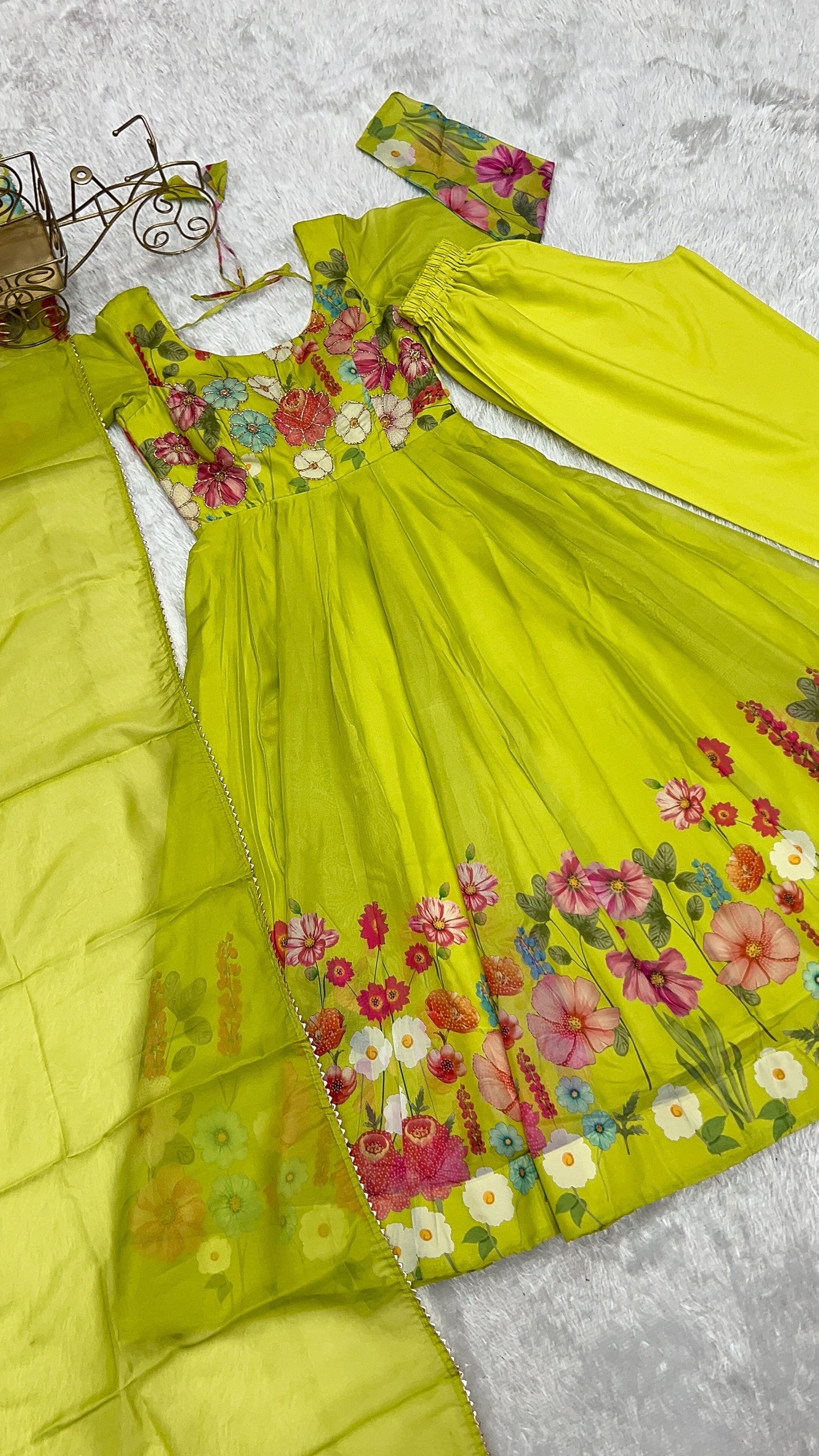 Lorenvalley Fashion Parrot Soft Organza Silk With Floral Print Fully Flared Anarkali Pant With Dupatta Set - Green 