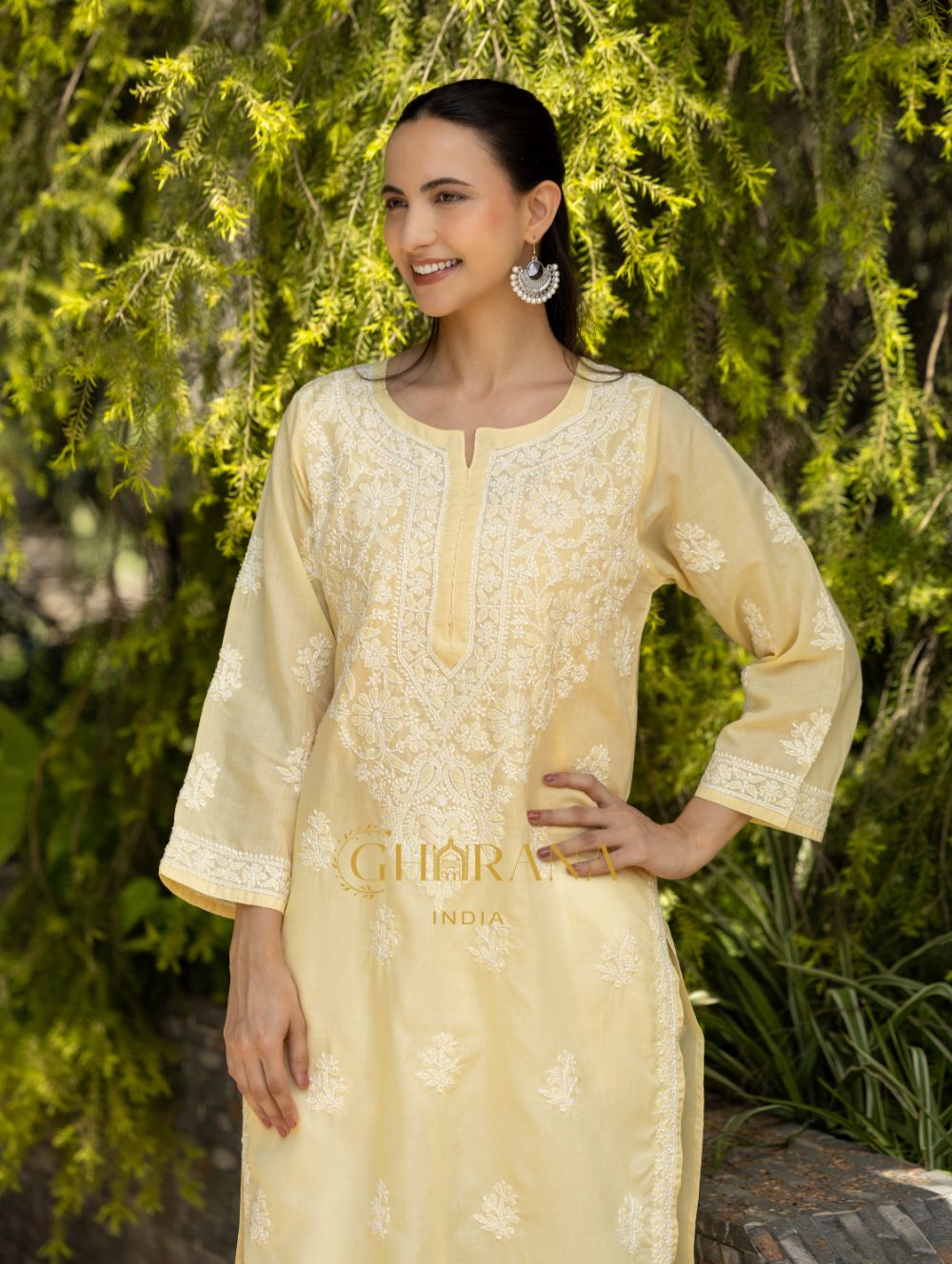 Gharana India Sahiba Chikankari Pastel Yellow Cotton Kurta With Bakhiya Work 