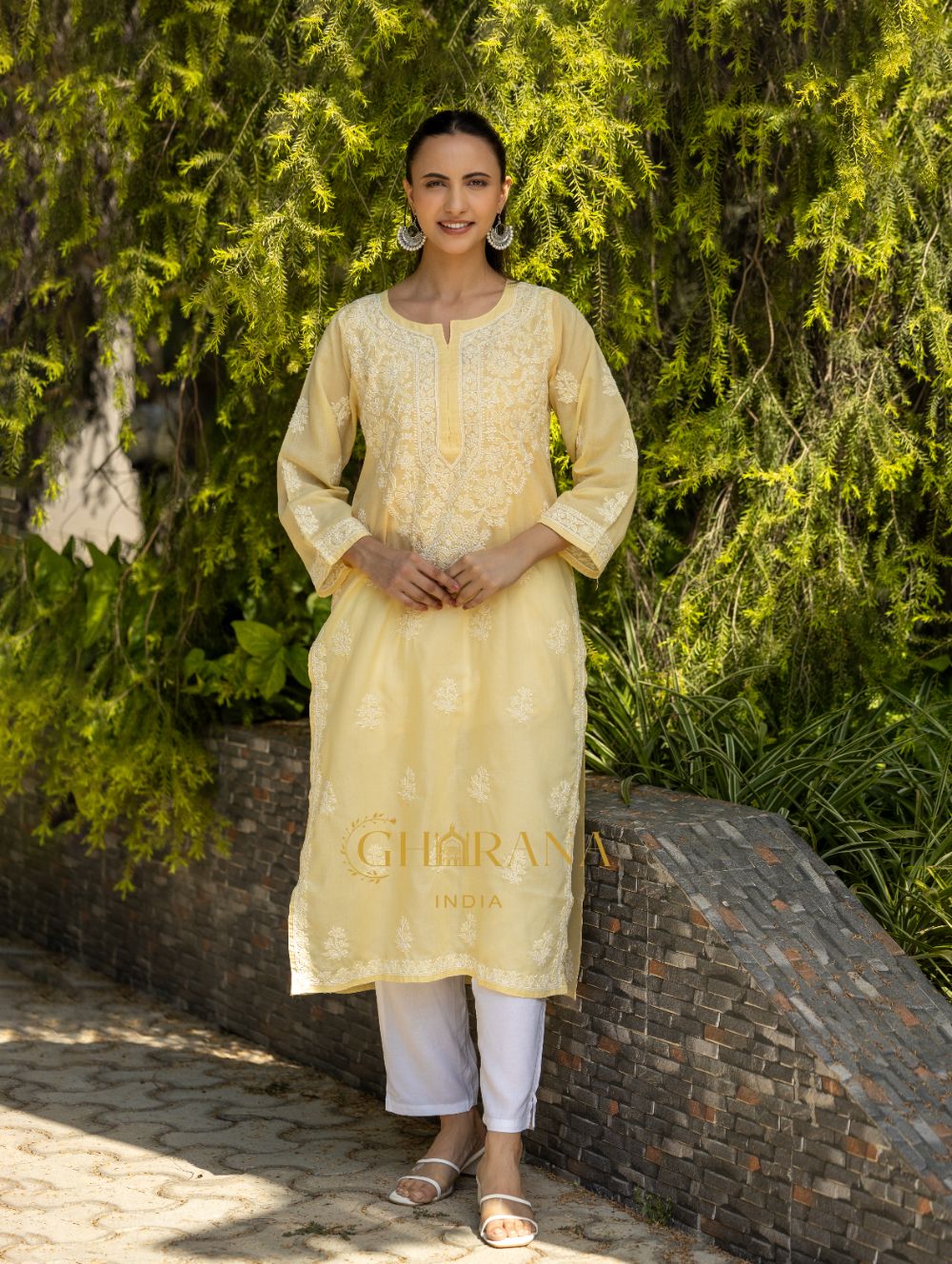 Gharana India Sahiba Chikankari Pastel Yellow Cotton Kurta With Bakhiya Work 