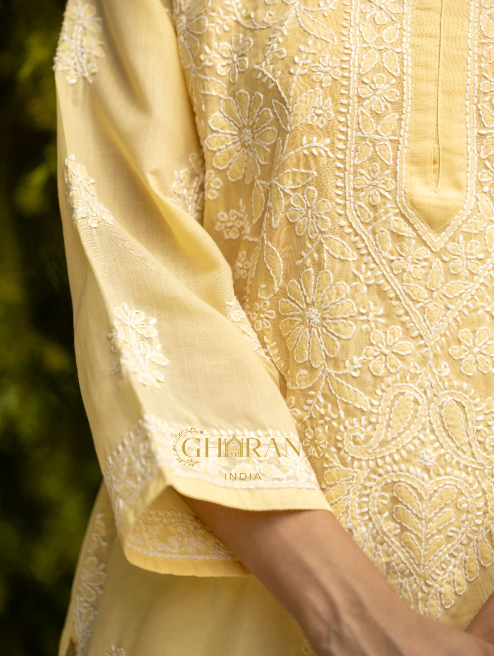 Gharana India Sahiba Chikankari Pastel Yellow Cotton Kurta With Bakhiya Work 