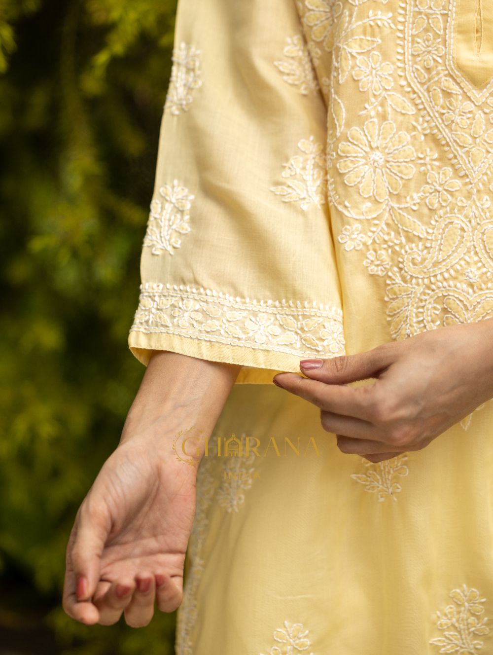 Gharana India Sahiba Chikankari Pastel Yellow Cotton Kurta With Bakhiya Work 