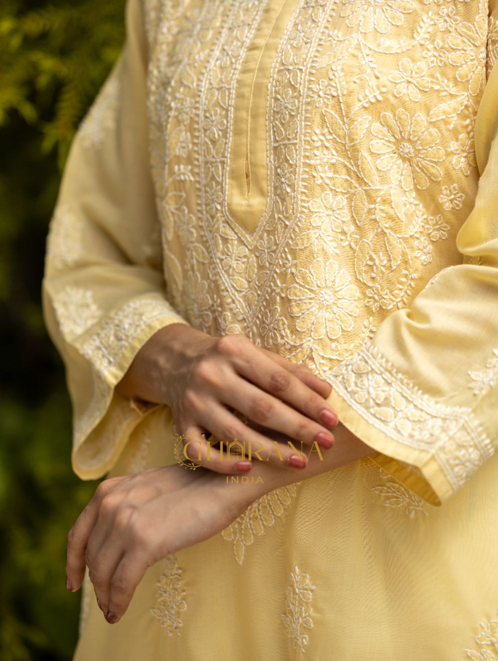 Gharana India Sahiba Chikankari Pastel Yellow Cotton Kurta With Bakhiya Work 