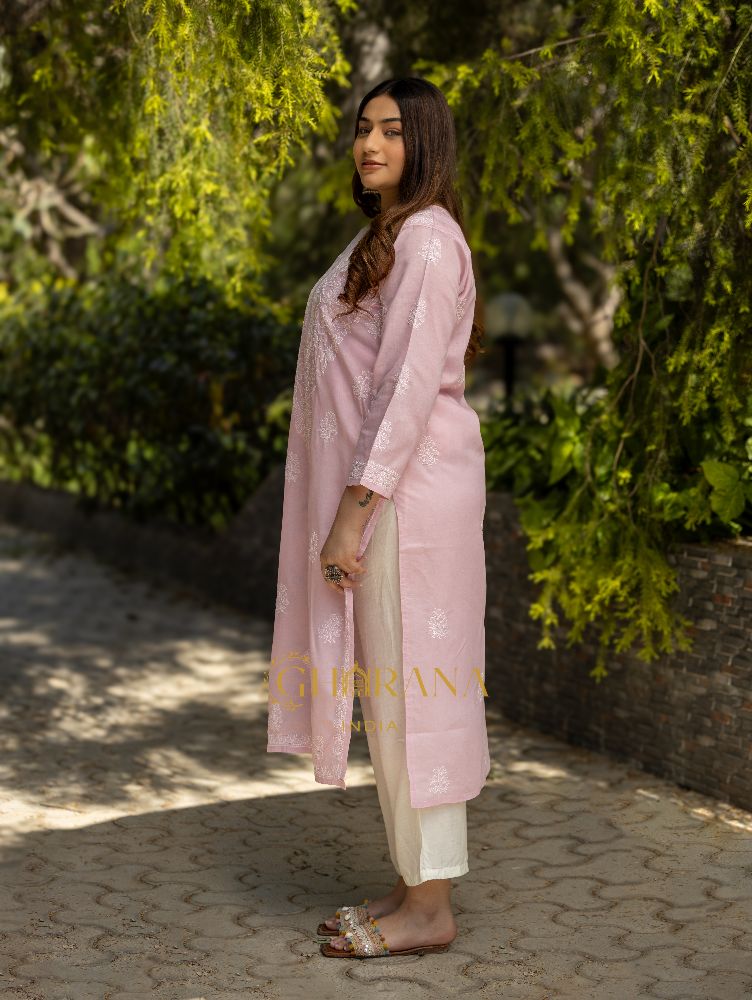 Gharana India Sahiba Chikankari Light Pink Cotton Kurta With Bakhiya Work 