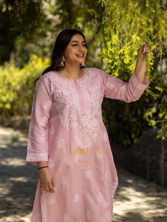 Gharana India Sahiba Chikankari Light Pink Cotton Kurta With Bakhiya Work 