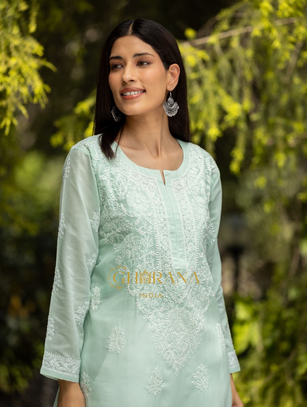 Gharana India Sahiba Chikankari Pastel Green Cotton Kurta With Bakhiya Work 
