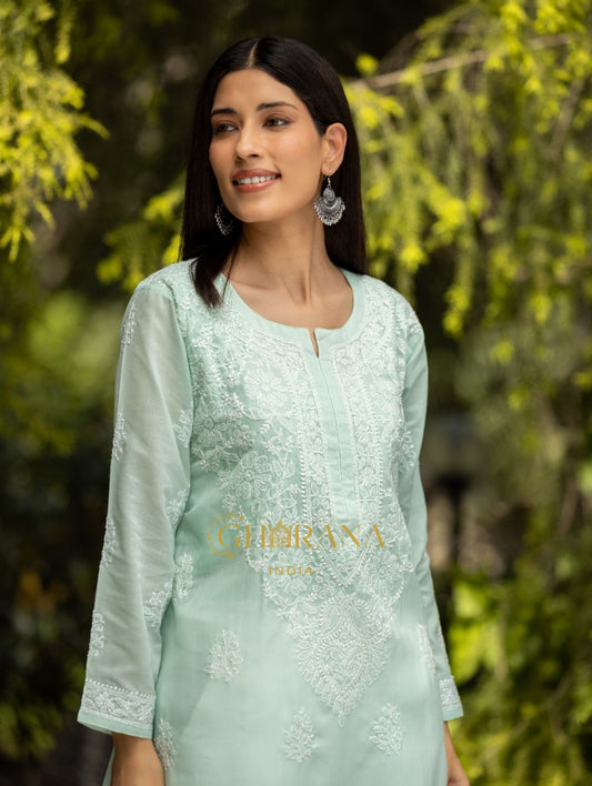 Gharana India Sahiba Chikankari Pastel Green Cotton Kurta With Bakhiya Work 