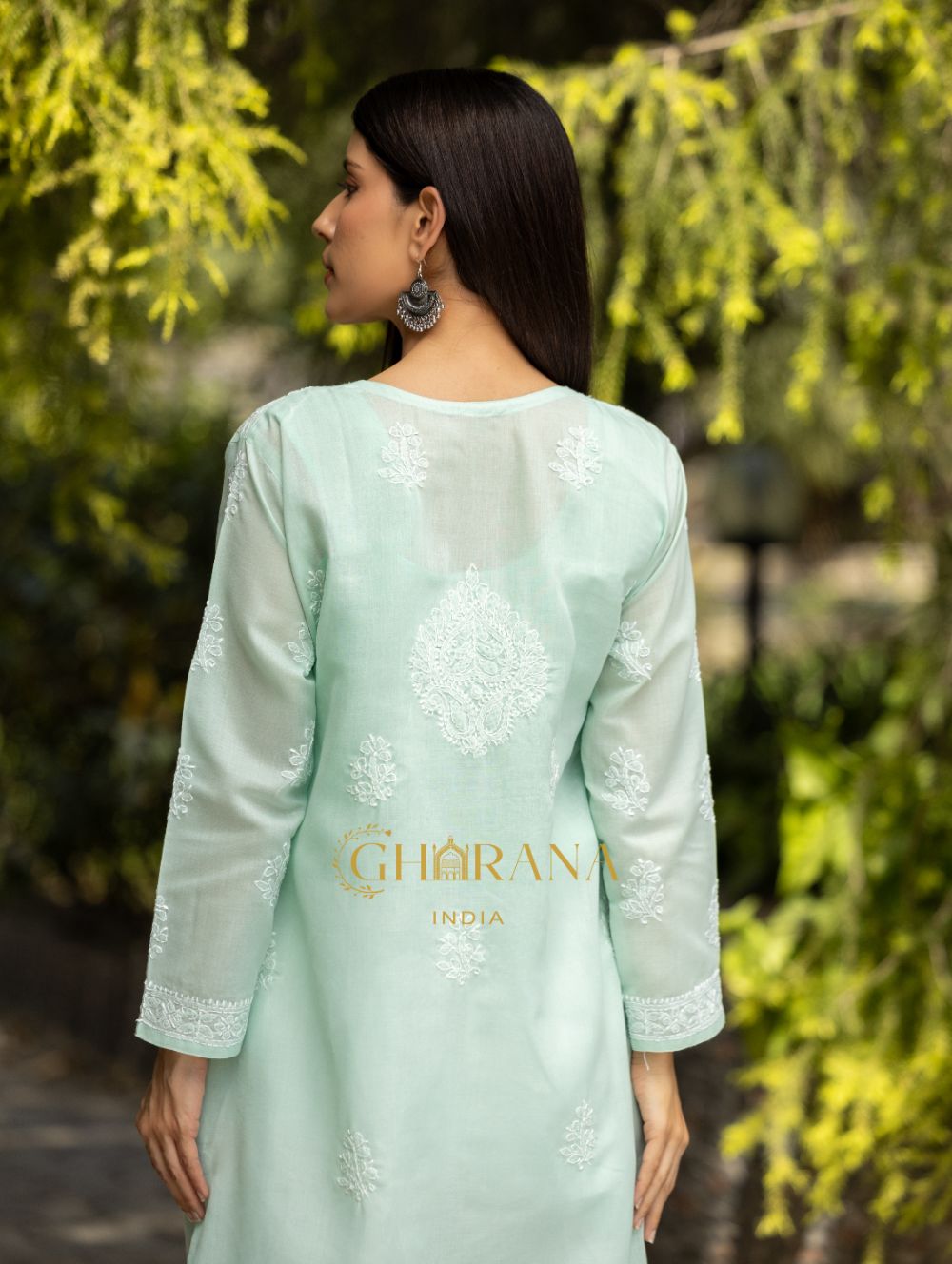 Gharana India Sahiba Chikankari Pastel Green Cotton Kurta With Bakhiya Work 