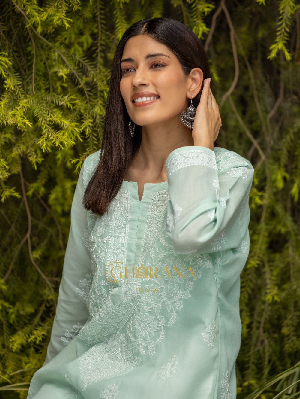 Gharana India Sahiba Chikankari Pastel Green Cotton Kurta With Bakhiya Work 