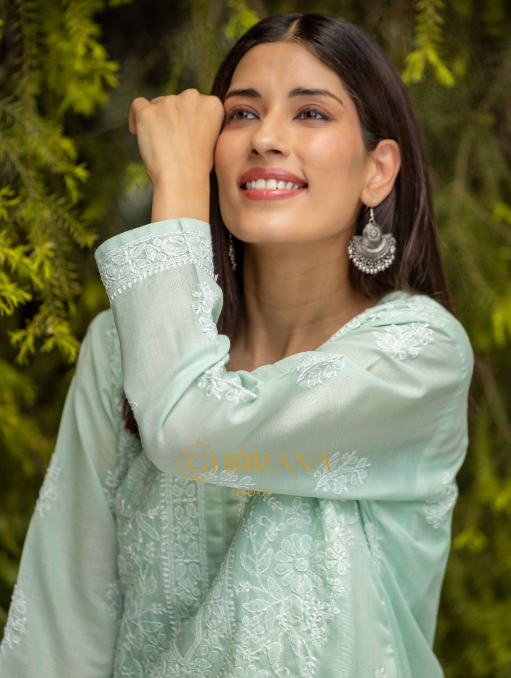 Gharana India Sahiba Chikankari Pastel Green Cotton Kurta With Bakhiya Work 