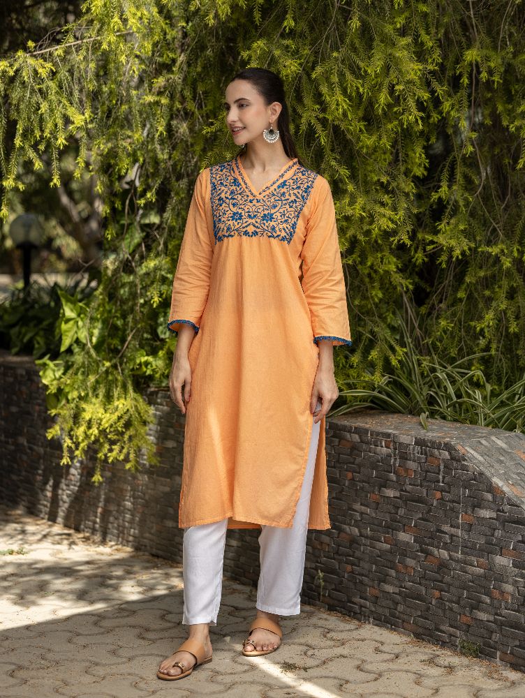Gharana India Mul Cotton Blush Orange Kurta With Fine Chikankari In Blue Thread 