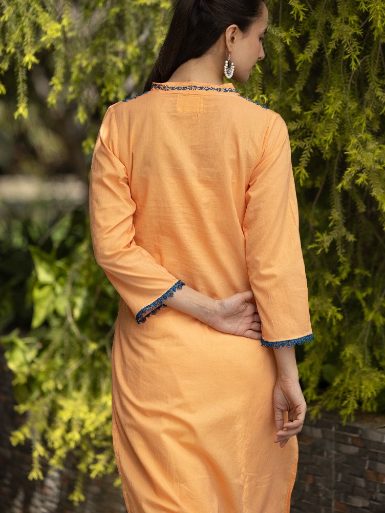 Gharana India Mul Cotton Blush Orange Kurta With Fine Chikankari In Blue Thread 