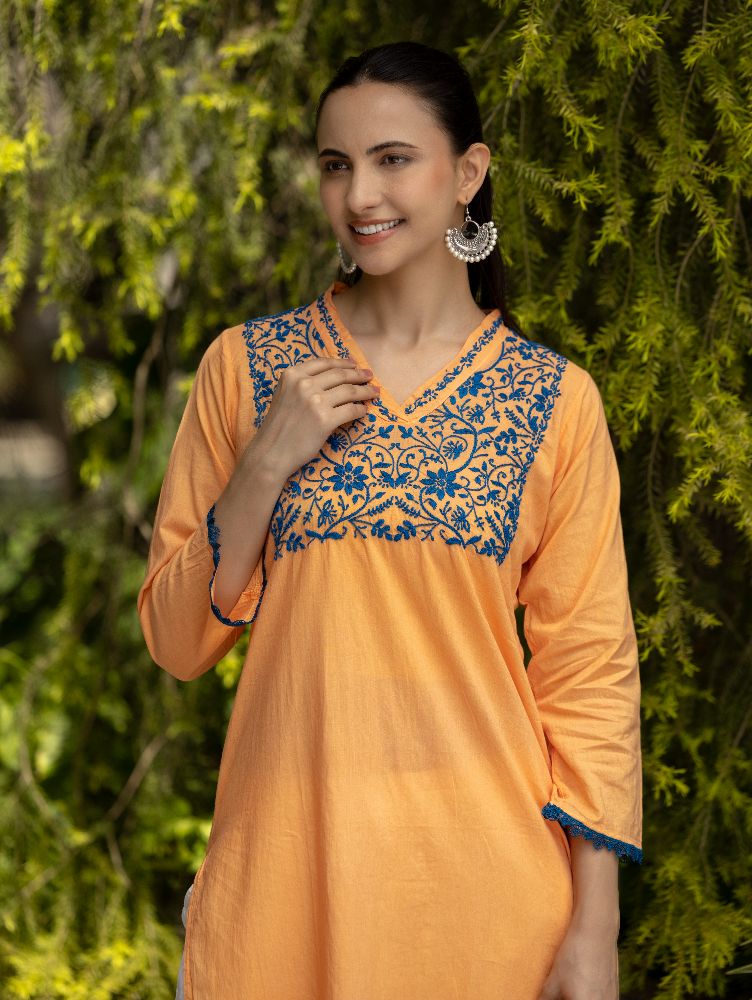 Gharana India Mul Cotton Blush Orange Kurta With Fine Chikankari In Blue Thread 